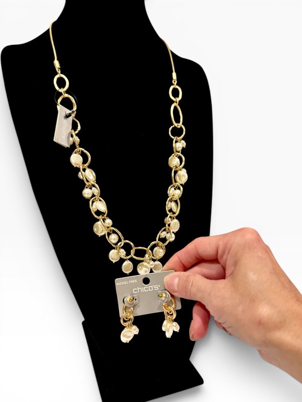 CHICO’S Flattened Pearl Gold Necklace & Matching Earrings Set | NWT